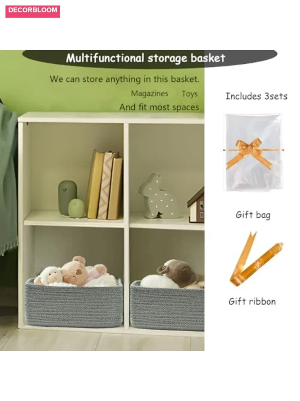 Cotton Rope Woven Storage Baskets Organizing Toy Bin Gift Bags 3 Pack